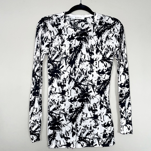 Kokun Abstract Granite Print Fitted Crew | Bamboo & Cashmere Top | Sz Medium - Picture 3 of 7